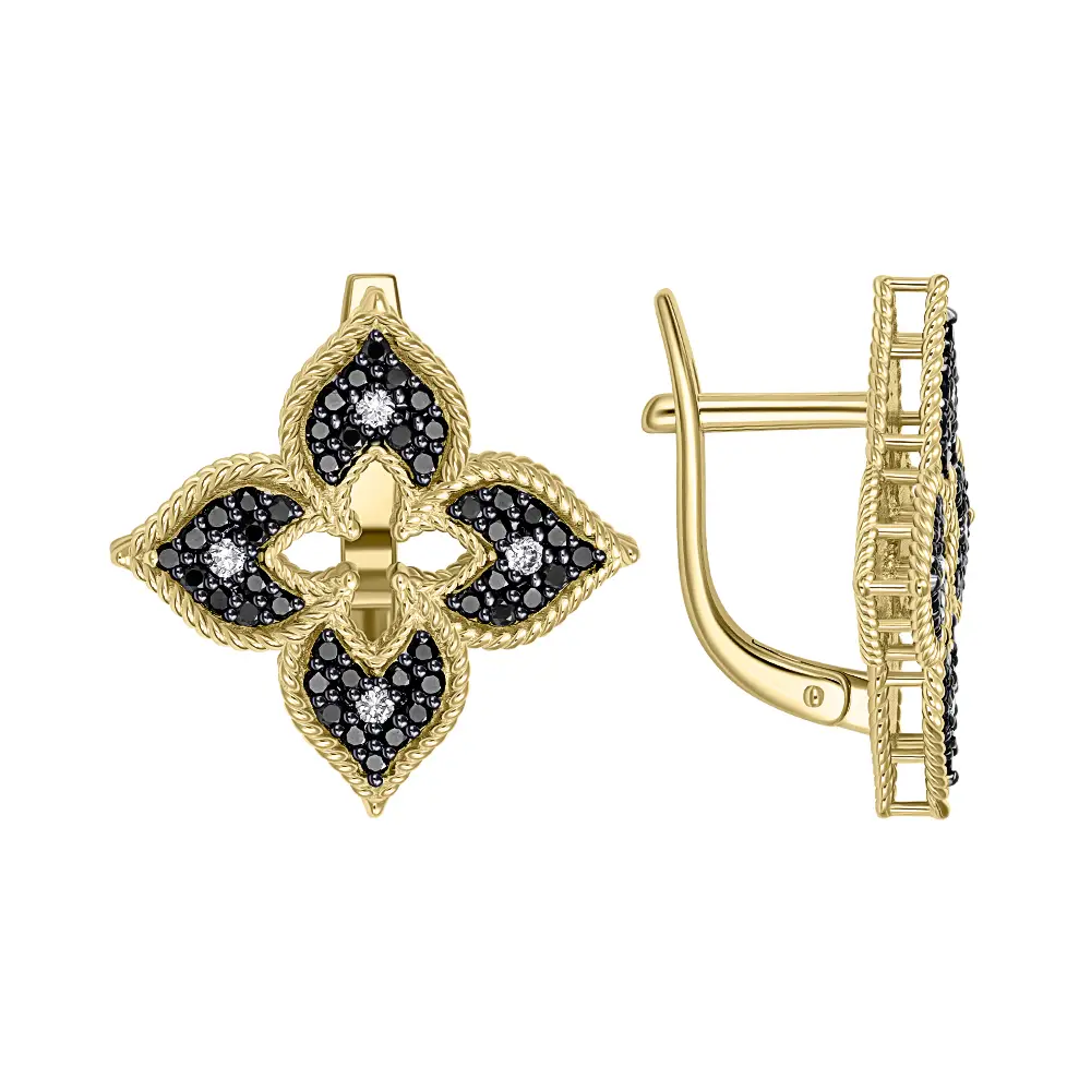 серьги из желтого золота с черными и белыми бриллиантами 932753-2чб фото дворец обручальных колец фото 1